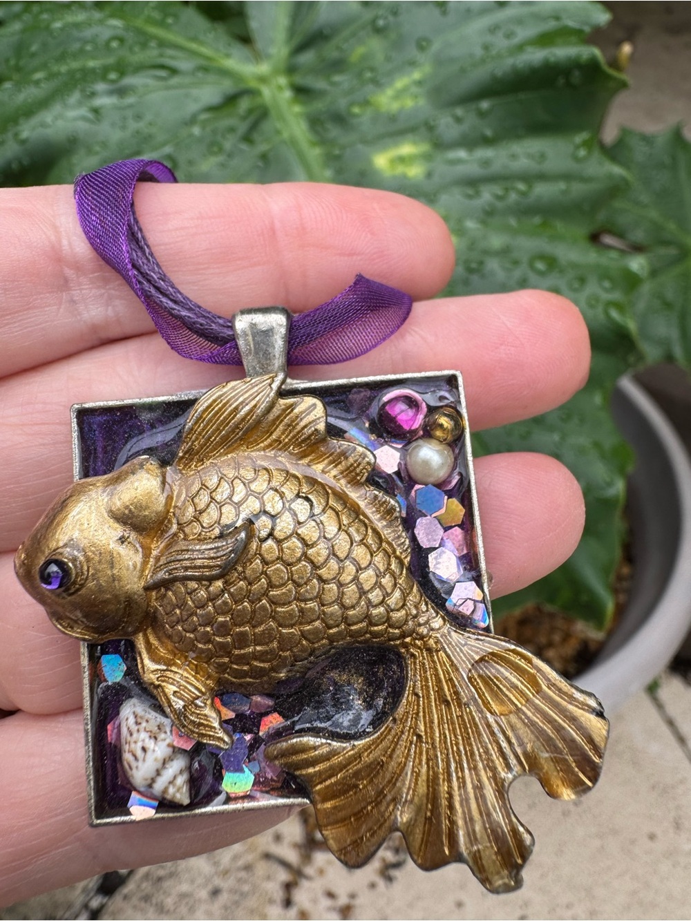 Artisan-Made Resin Goldfish Pendant Necklace on Multi-strand Purple Cord/Ribbon